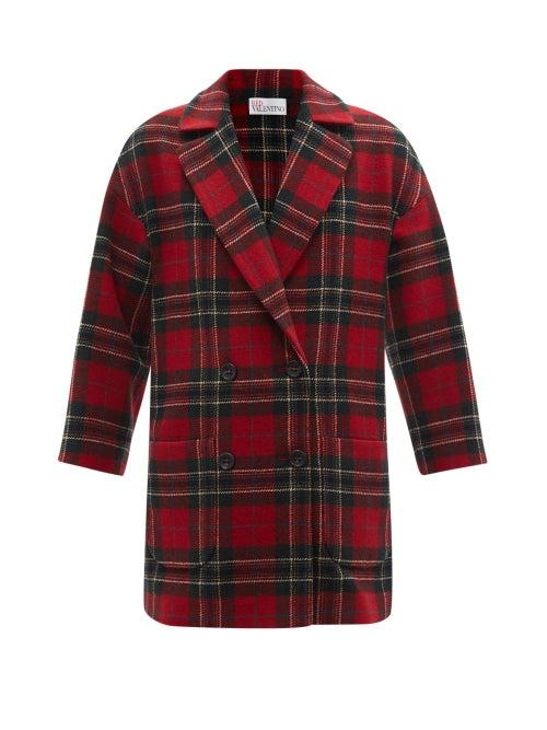 Ladies Rtw Redvalentino - Double-breasted Tartan Wool Pea Coat - Womens - Red Print