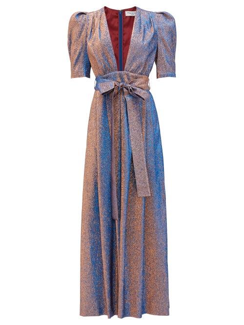 Matchesfashion.com Franoise - Plunge-neckline Shot-lam Maxi Dress - Womens - Blue Multi