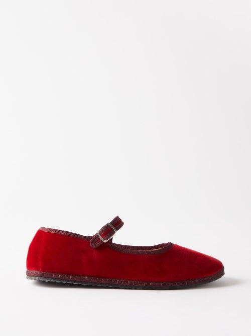 Vibi Venezia - Whipstitched Velvet Mary Jane Flats - Womens - Red