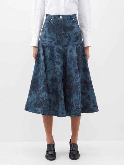 Erdem - Lace Floral-print Denim Fluted Midi Skirt - Womens - Denim Multi