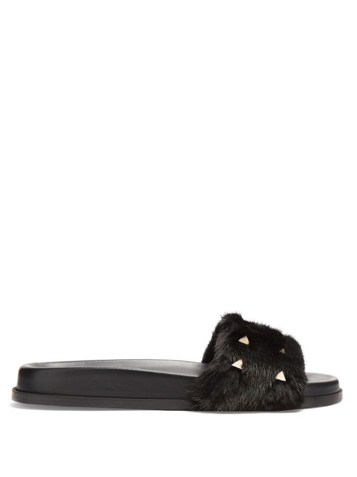 Valentino Rockstud Mink-fur Slides