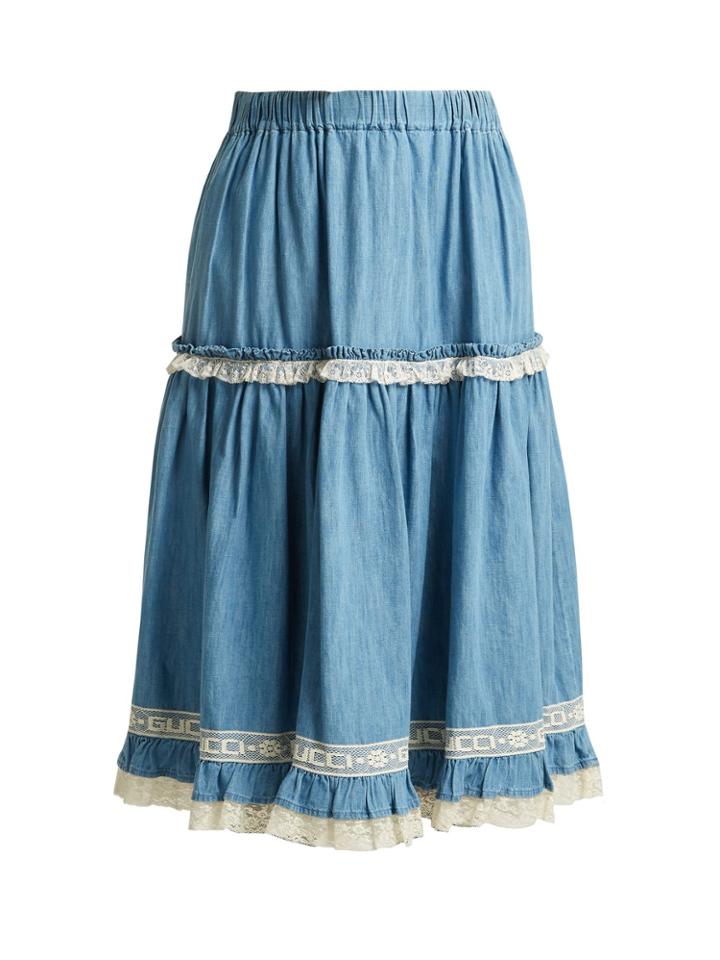 Gucci Lace-trimmed Chambray Skirt