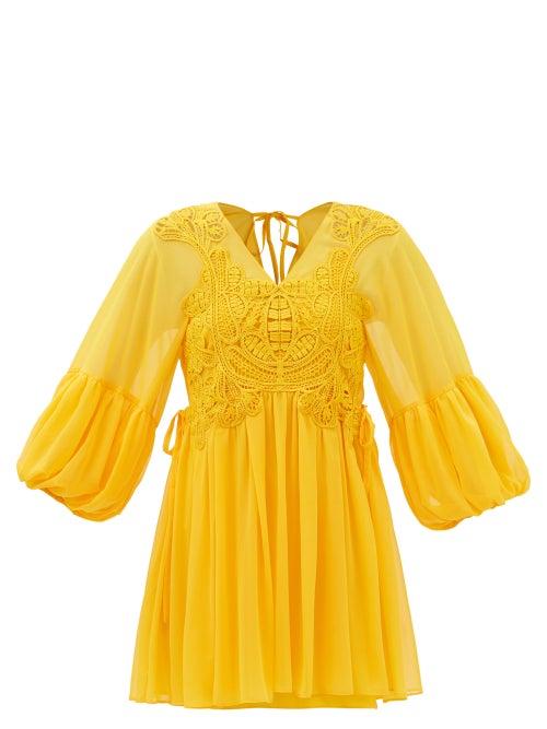 Self-portrait - Macram-lace Gathered Georgette Mini Dress - Womens - Yellow