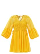 Self-portrait - Macram-lace Gathered Georgette Mini Dress - Womens - Yellow