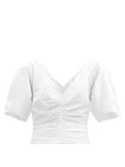 Matchesfashion.com Staud - Fiona V-neck Ruched Cotton-blend Poplin Top - Womens - White