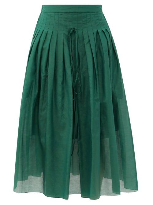 Matchesfashion.com Sara Lanzi - Pleated Cotton-blend Voile Midi Skirt - Womens - Green