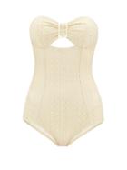 Matchesfashion.com Lisa Marie Fernandez - Buckled Bandeau Seersucker Swimsuit - Womens - Cream Gold