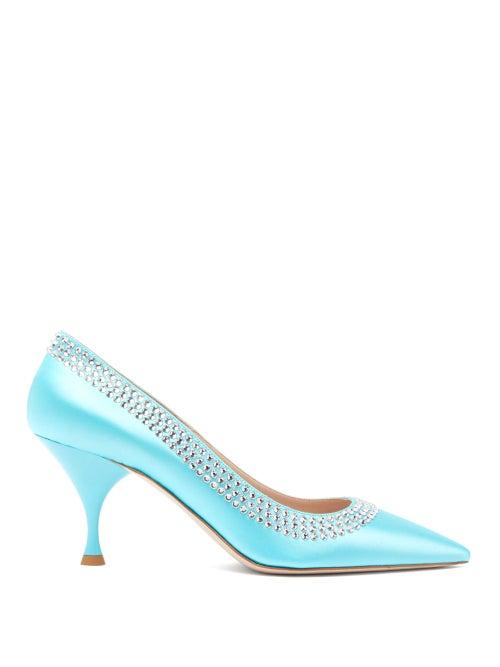 Matchesfashion.com Miu Miu - Crystal Trim Satin Pointed Pumps - Womens - Light Blue