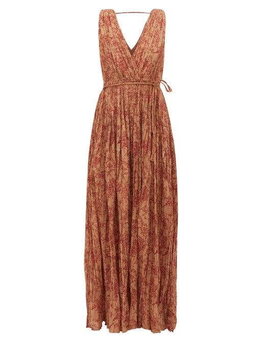 Matchesfashion.com Mes Demoiselles - Joconde Floral-print Pleated-cotton Dress - Womens - Brown Print