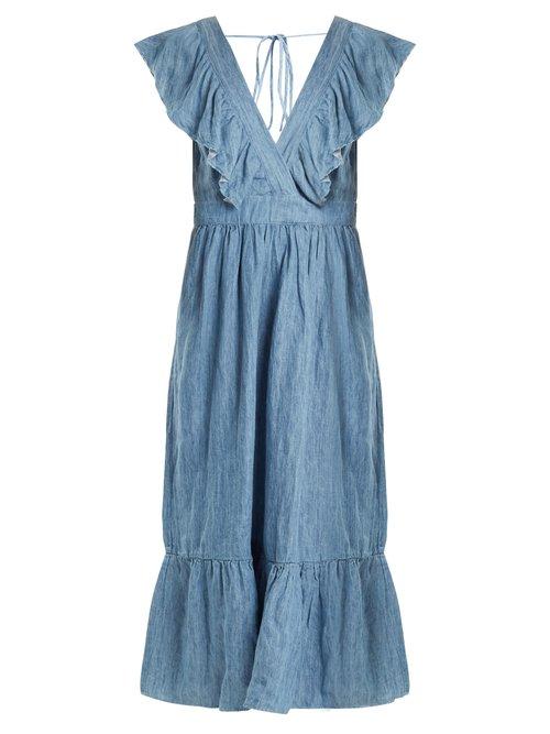 Matchesfashion.com Lee Mathews - Tyler Ruffle Trimmed V Neck Denim Dress - Womens - Denim