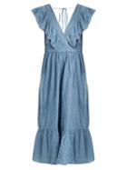 Matchesfashion.com Lee Mathews - Tyler Ruffle Trimmed V Neck Denim Dress - Womens - Denim