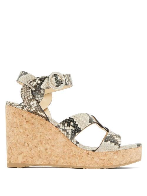 Matchesfashion.com Jimmy Choo - Aleili 100 Python-effect Leather Wedge Sandals - Womens - Python