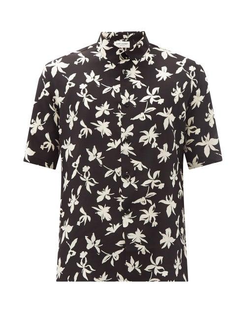 Matchesfashion.com Saint Laurent - Leaf-print Silk Crepe-de-chine Short-sleeved Shirt - Mens - Black White