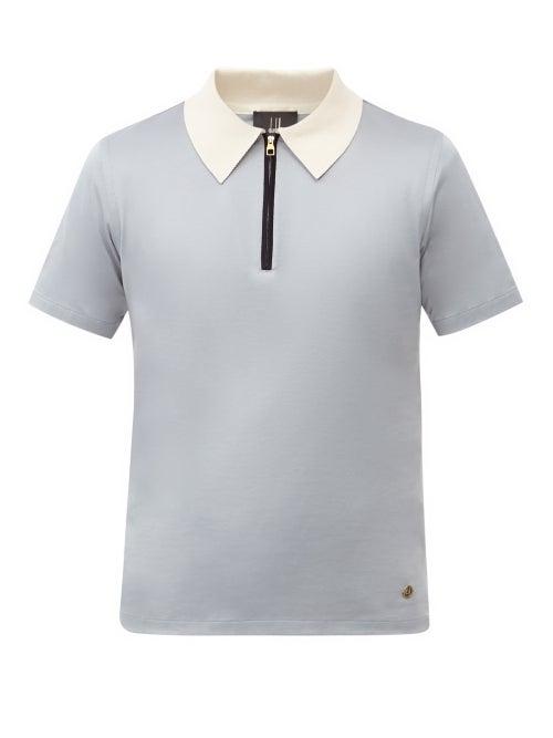 Matchesfashion.com Dunhill - Zip-neck Cotton-jersey Polo Shirt - Mens - Light Blue