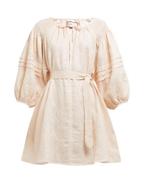 Matchesfashion.com Innika Choo - Dot Embroidered Puff Sleeve Linen Mini Dress - Womens - Light Pink