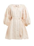 Matchesfashion.com Innika Choo - Dot Embroidered Puff Sleeve Linen Mini Dress - Womens - Light Pink