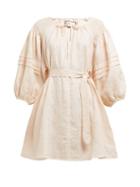 Matchesfashion.com Innika Choo - Dot Embroidered Puff Sleeve Linen Mini Dress - Womens - Light Pink