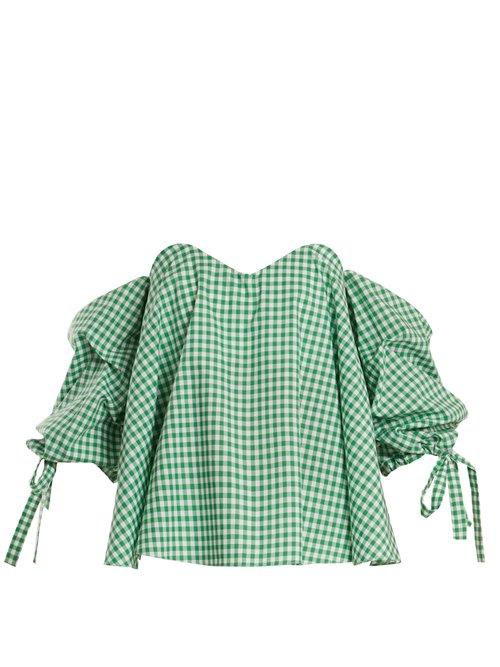 Matchesfashion.com Caroline Constas - Gabriella Off The Shoulder Gingham Top - Womens - Green White