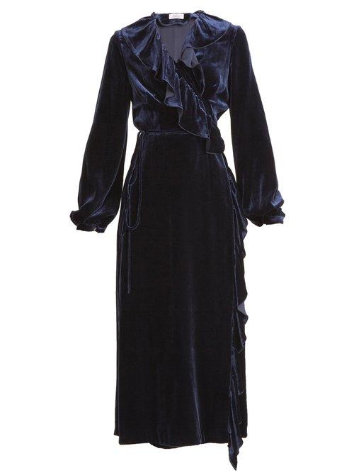Matchesfashion.com Racil - Wilt Ruffle Trimmed Velvet Wrap Dress - Womens - Navy