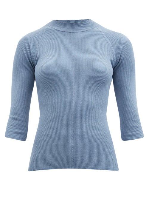 Ladies Rtw Salvatore Ferragamo - Cropped-sleeve Ribbed Silk-blend Sweater - Womens - Light Blue
