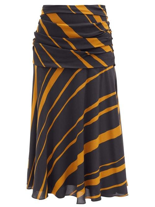 Matchesfashion.com Proenza Schouler - Diagonal-stripe Ruched Crepe De Chine Midi Skirt - Womens - Khaki Multi