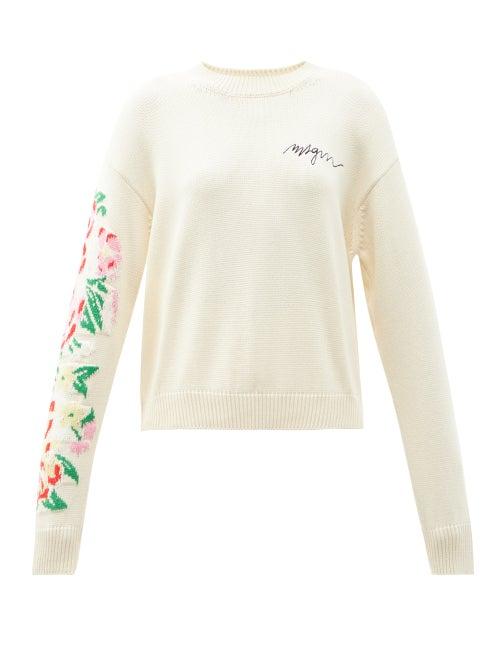 Matchesfashion.com Msgm - Floral-intarsia Logo-embroidered Cotton Sweater - Womens - Cream