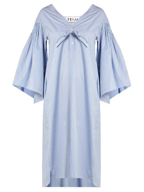 Matchesfashion.com Teija - V Neck Striped Cotton Dress - Womens - Light Blue