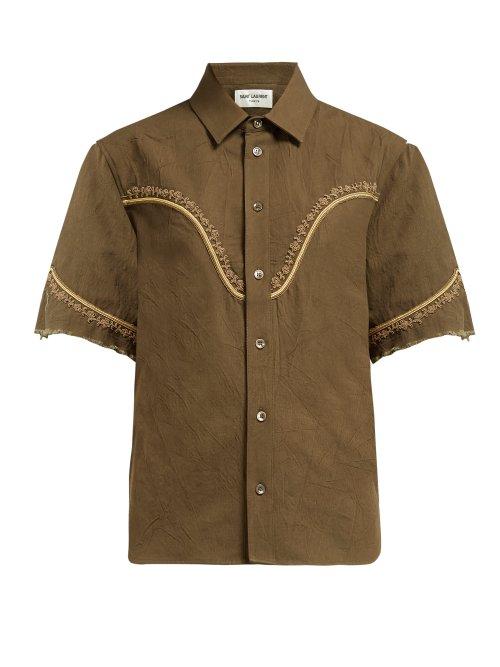 Matchesfashion.com Saint Laurent - Floral Embroidered Cotton Blend Shirt - Womens - Dark Green