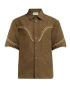 Matchesfashion.com Saint Laurent - Floral Embroidered Cotton Blend Shirt - Womens - Dark Green