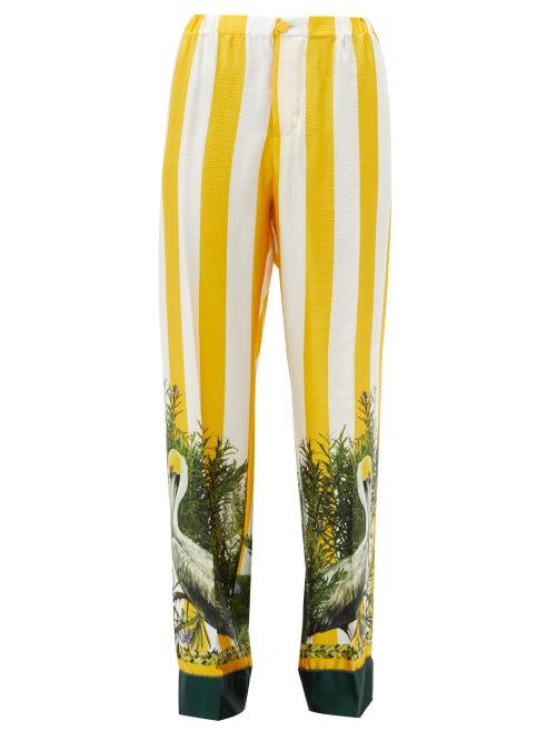 Matchesfashion.com Issimo X F.r.s. For Restless Sleepers - Etere Striped Pelican-print Silk-twill Trousers - Womens - Yellow Multi