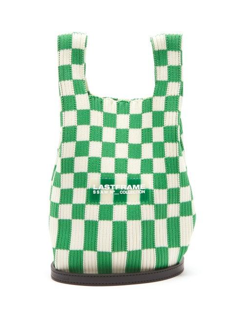 Lastframe - Small Ichimatsu-check Rib-knit Tote Bag - Womens - Green White