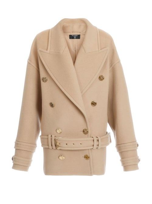 Balmain - Dropped-shoulder Double-breasted Pea Coat - Womens - Beige
