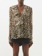 Raey - Watercolour Leopard Print Ruffle-front Silk Blouse - Womens - Ivory Multi