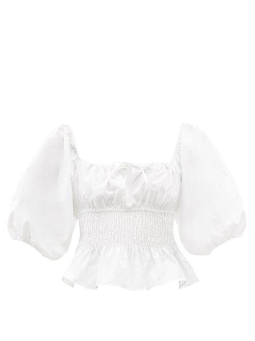 Ladies Beachwear Rhode - Jodie Puff-sleeve Shirred Cotton-poplin Top - Womens - White