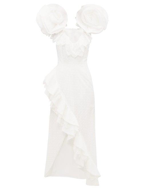 Matchesfashion.com Rodarte - Exaggerated Shoulder Broderie Anglaise Cotton Gown - Womens - White