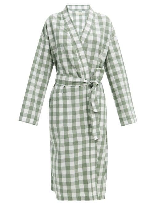 General Sleep - Everyone Check Organic-cotton Robe - Womens - Khaki White