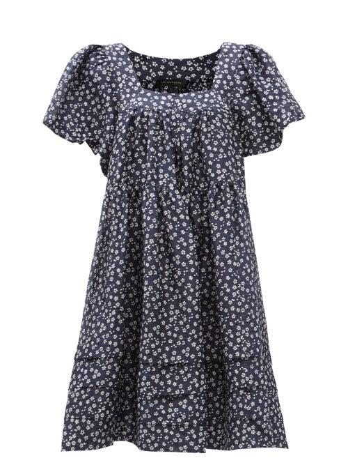 Matchesfashion.com Lee Mathews - Constance Puff-sleeve Floral Linen-blend Dress - Womens - Navy