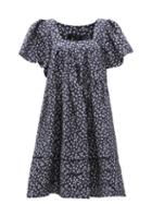 Matchesfashion.com Lee Mathews - Constance Puff-sleeve Floral Linen-blend Dress - Womens - Navy
