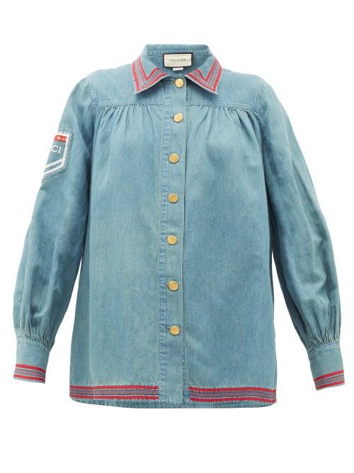 Matchesfashion.com Gucci - Amour De Jour-embroidered Chambray Shirt - Womens - Blue