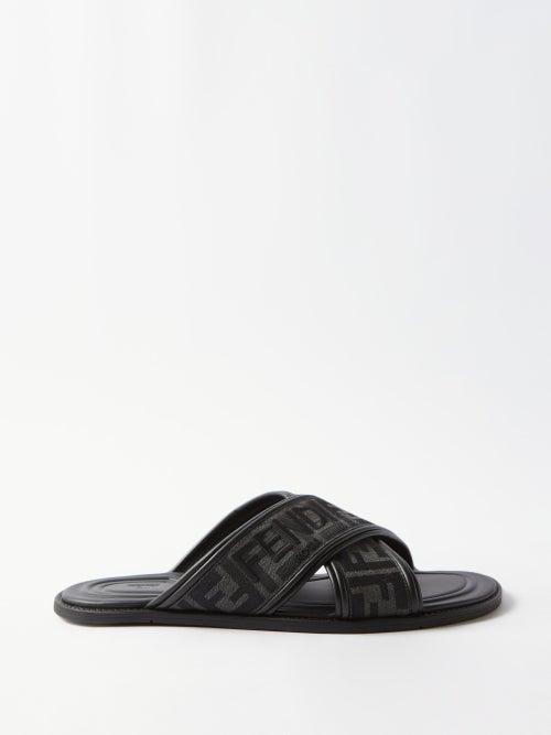 Fendi - Logo-embroidered Ff-canvas And Leather Slides - Mens - Black