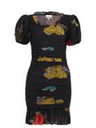 Matchesfashion.com Ganni - Ruched Floral-print Mesh-jersey Mini Dress - Womens - Black Multi