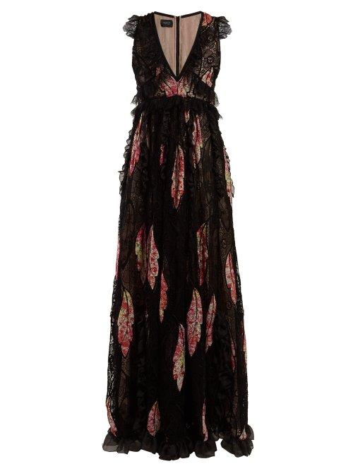 Matchesfashion.com Giambattista Valli - Floral Print Crepe And Guipure Lace Gown - Womens - Black Multi