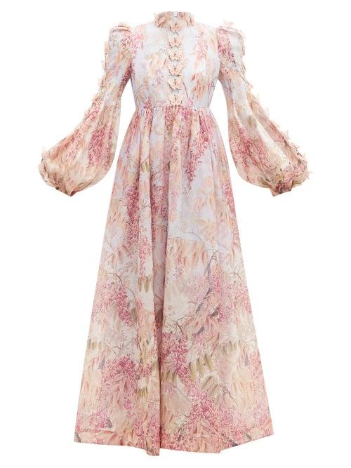 Matchesfashion.com Zimmermann - Botanica Floral Linen-blend Organza Maxi Dress - Womens - Pink Print
