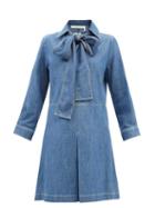 See By Chlo - Pussybow-ties Organic-cotton Denim Mini Dress - Womens - Mid Denim