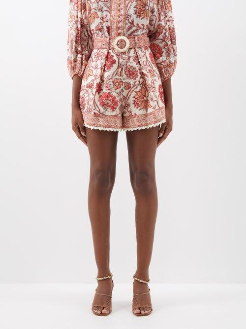 Zimmermann - Vitali Floral-print Belted Ramie Shorts - Womens - Red Ivory