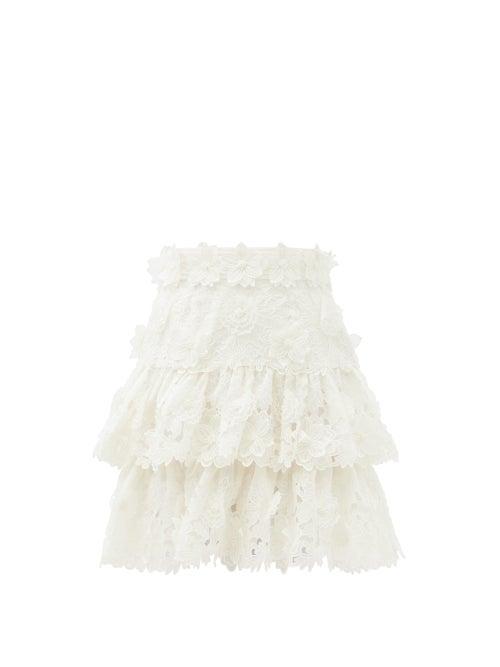 Matchesfashion.com Zimmermann - Lovestruck Floral-appliqu Tiered Linen Mini Skirt - Womens - White