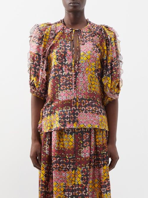 Wiggy Kit - Beetle Patchwork Print Ruffled-sleeve Silk Blouse - Womens - Multi