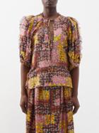 Wiggy Kit - Beetle Patchwork Print Ruffled-sleeve Silk Blouse - Womens - Multi