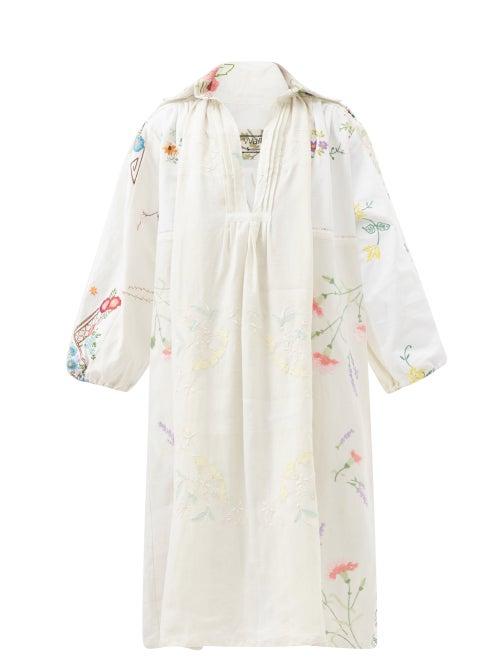 By Walid - Vladi Vintage Patchwork Linen Midi Dress - Womens - White Multi