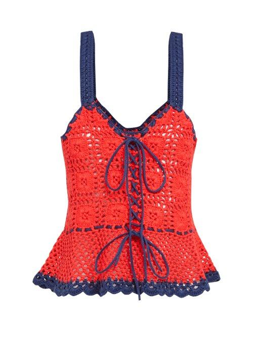 Matchesfashion.com Staud - Shrimp Lace Up Cotton Crochet Peplum Top - Womens - Red Multi